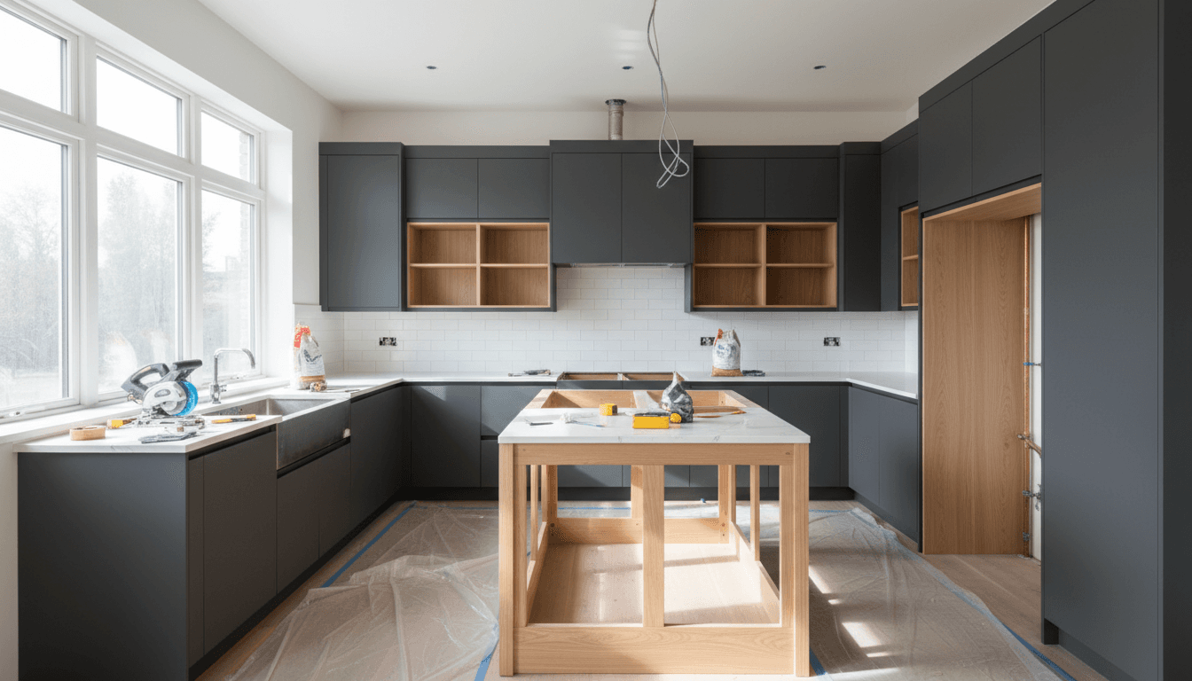 Modern kitchen renovation showing completed cabinetry and countertops with professional finishing