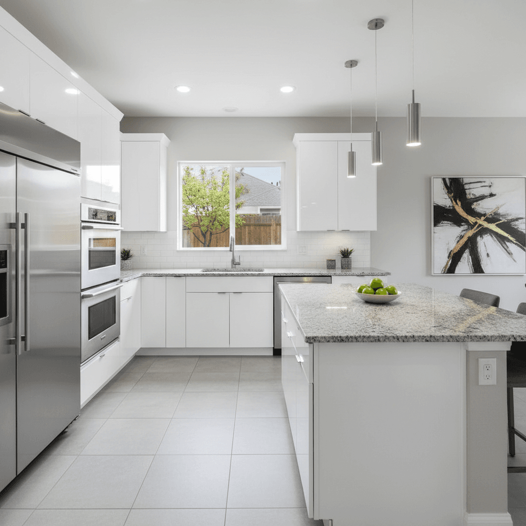 Modern kitchen renovation with white cabinetry and granite countertops in contemporary home