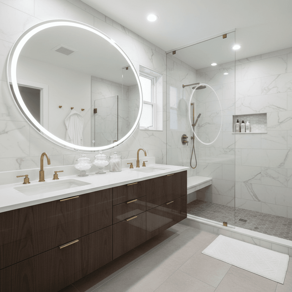 Renovated bathroom with updated fixtures and modern tile design