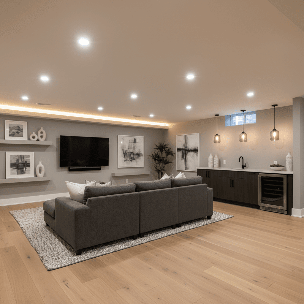 Finished basement legalization with proper lighting and flooring