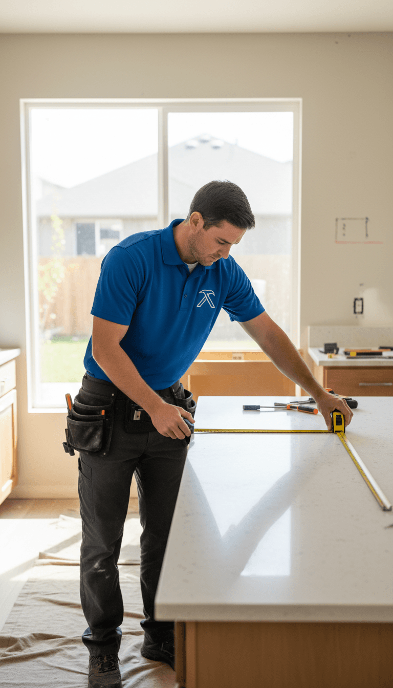 Contractor measuring countertop during kitchen renovation