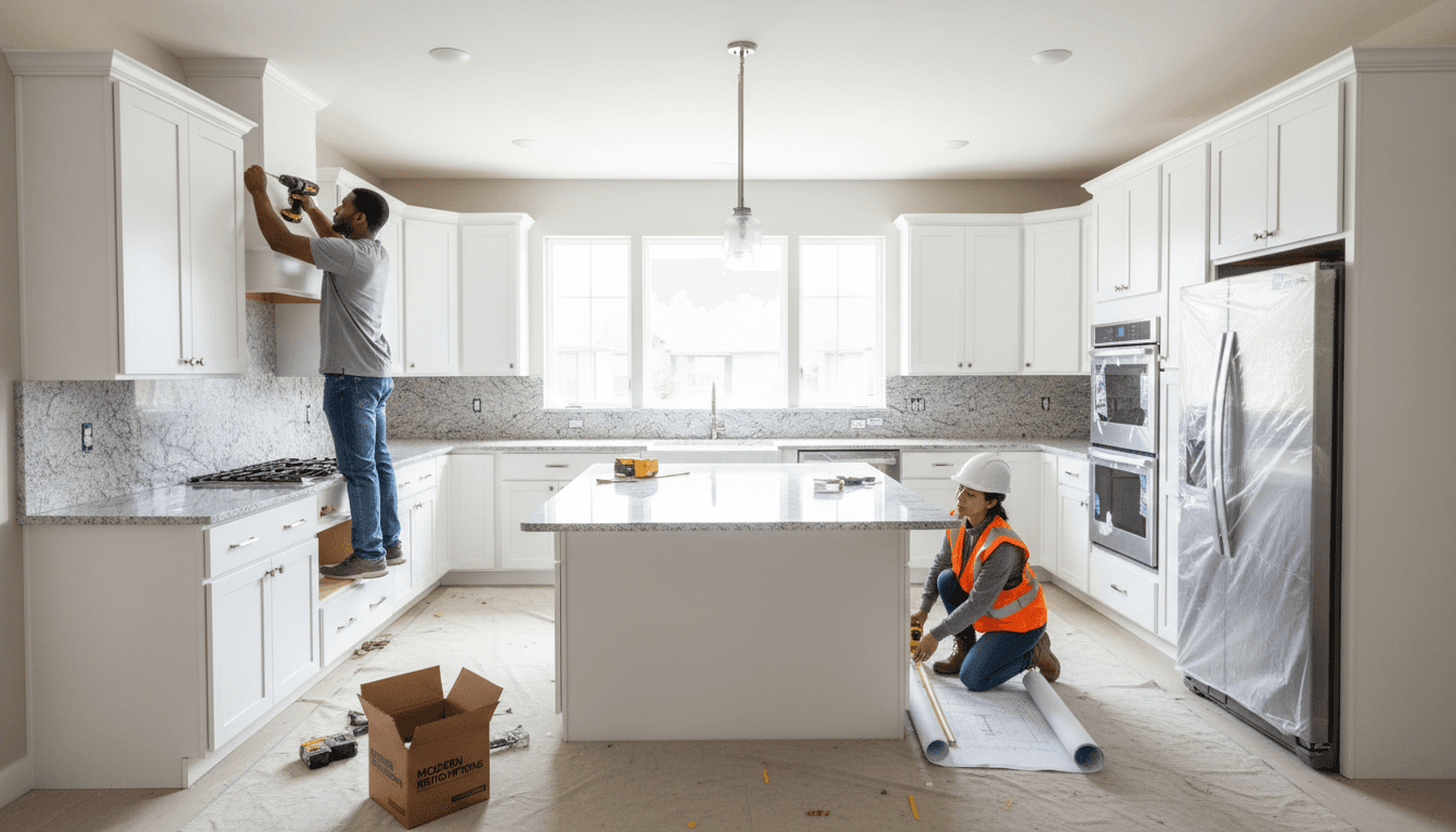 Professional kitchen renovation in progress with modern cabinets and countertops