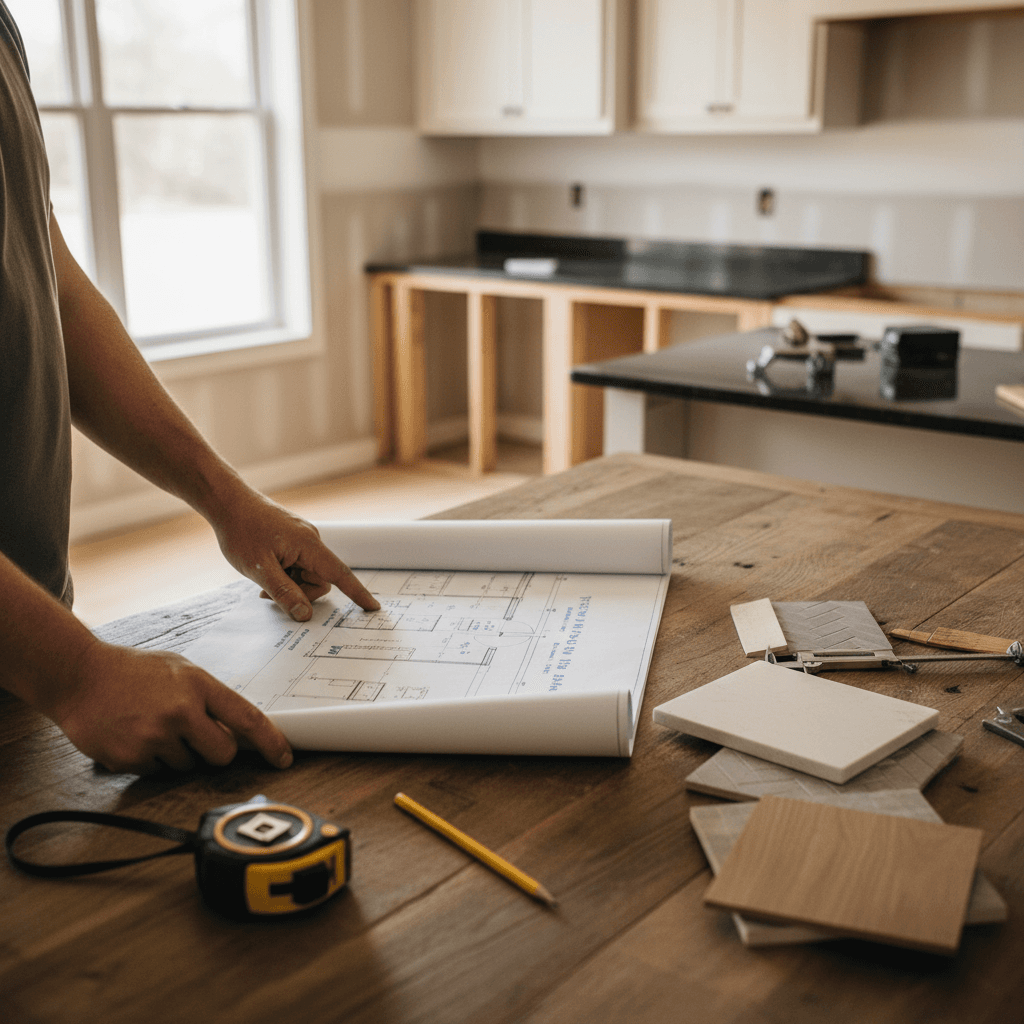Professional contractor reviewing renovation plans
